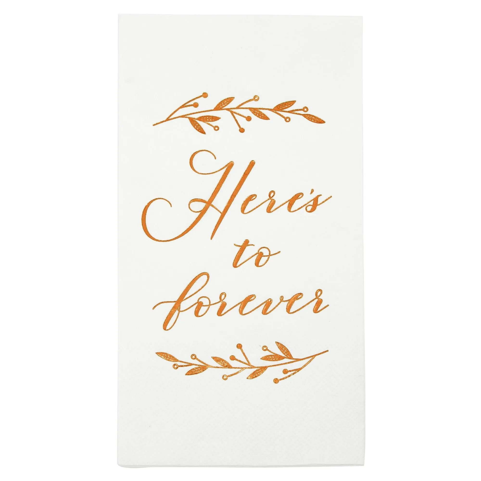 100 Pack White Napkins for Wedding Reception with Rose Gold Foil Accents, Here's To Forever, 3-Ply, 4 x 8 in