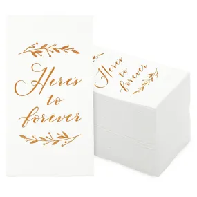 100 Pack White Napkins for Wedding Reception with Rose Gold Foil Accents, Here's To Forever, 3-Ply, 4 x 8 in