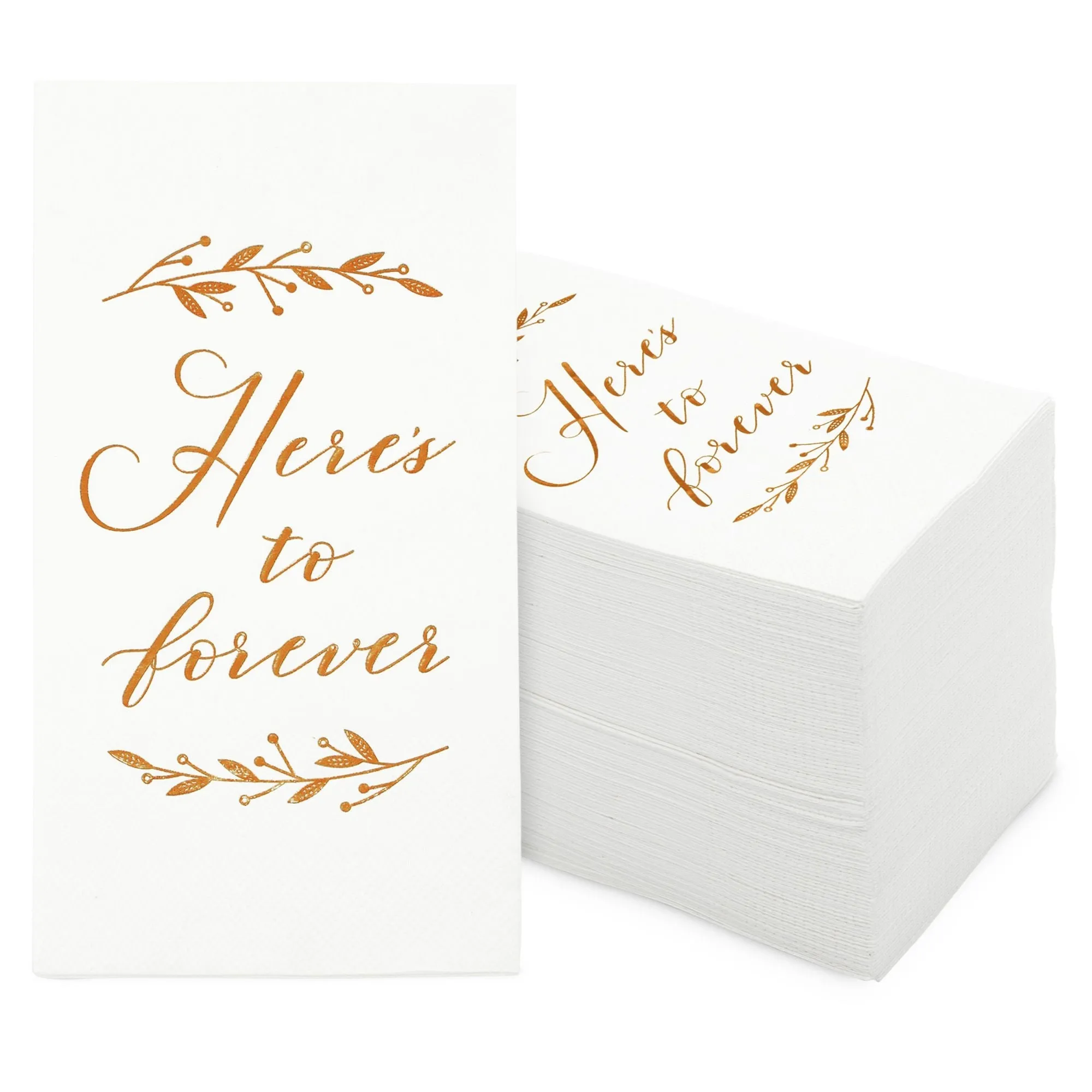 100 Pack White Napkins for Wedding Reception with Rose Gold Foil Accents, Here's To Forever, 3-Ply, 4 x 8 in