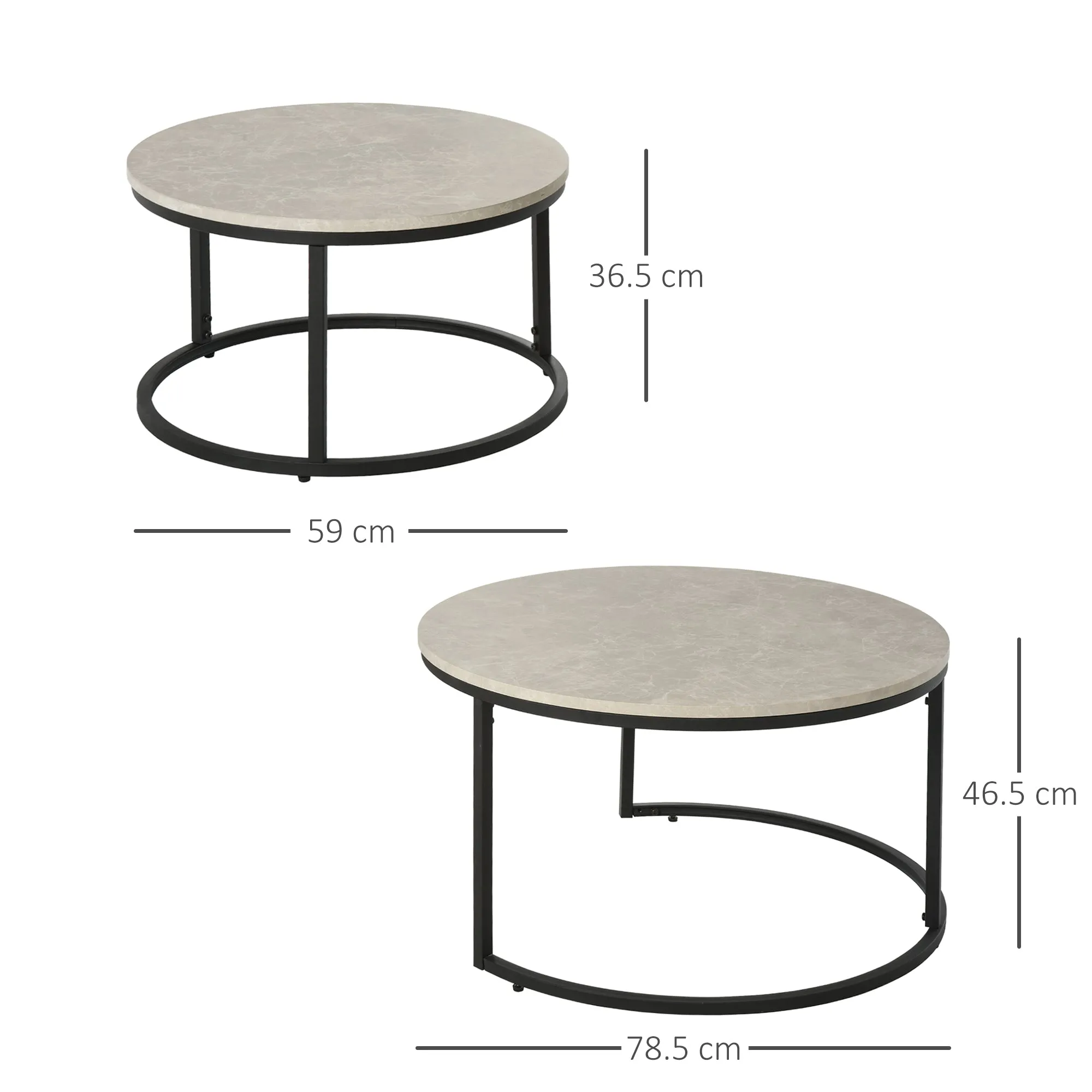 2 Pcs Stacking Coffee Table Set w/ Steel Frame Marble-Effect Top Foot Pads Nest of Tables Storage Display Black/Grey