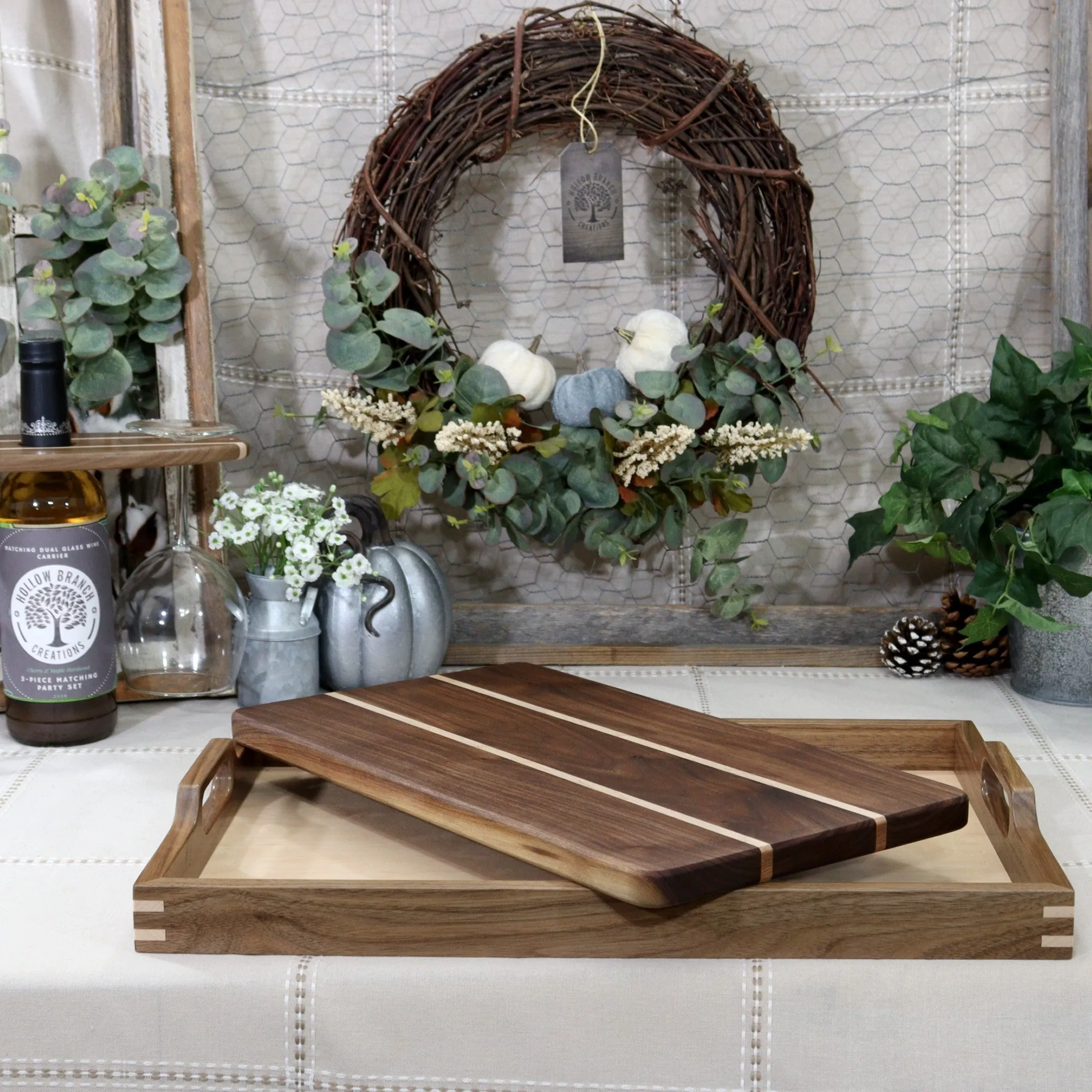 3-PC Walnut Wood Set: Tray, Cutting Board, & Wine Carrier