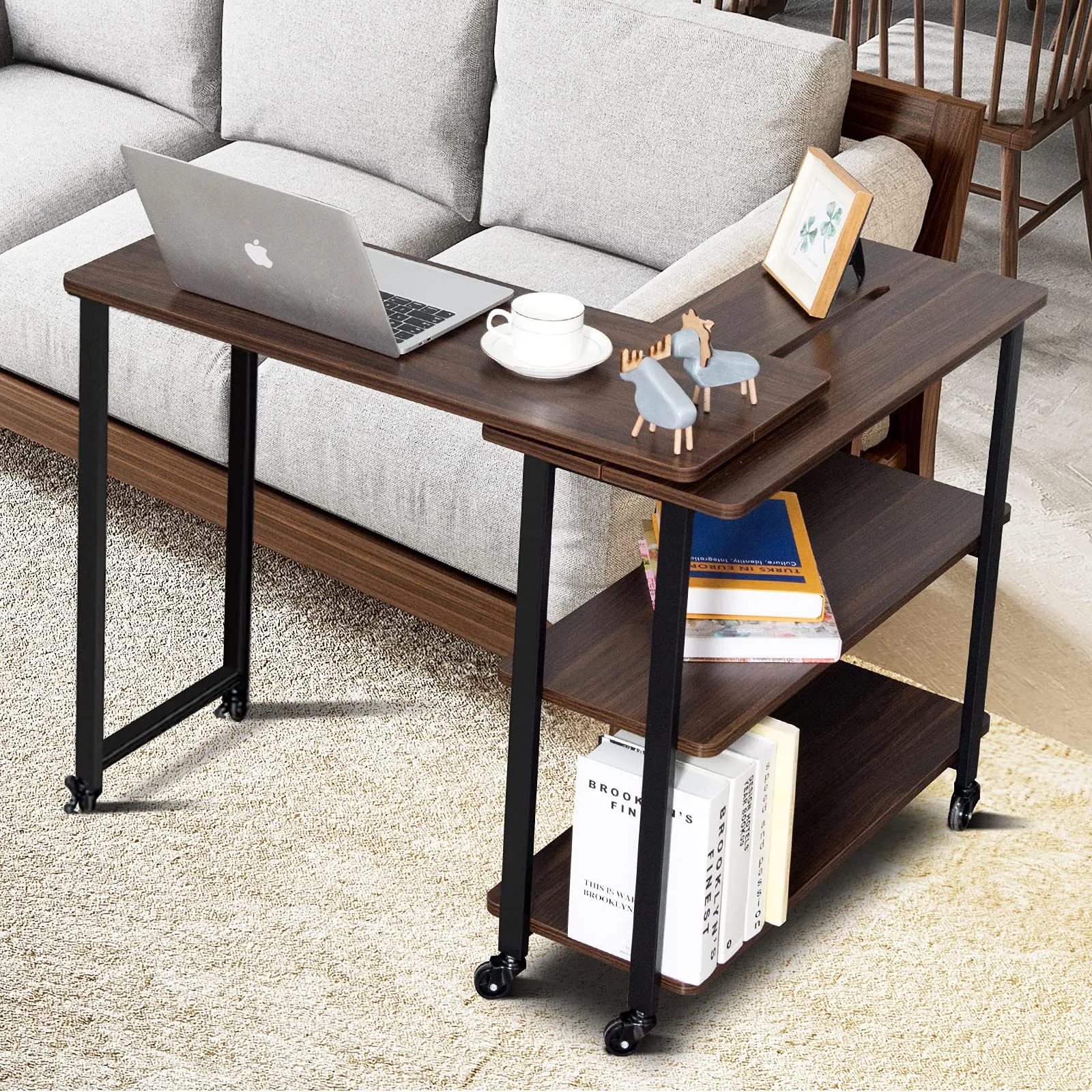 360-Degree Free Rotating Sofa Side Table, Mobile Couch Desk with 2-Tier Storage Shelves