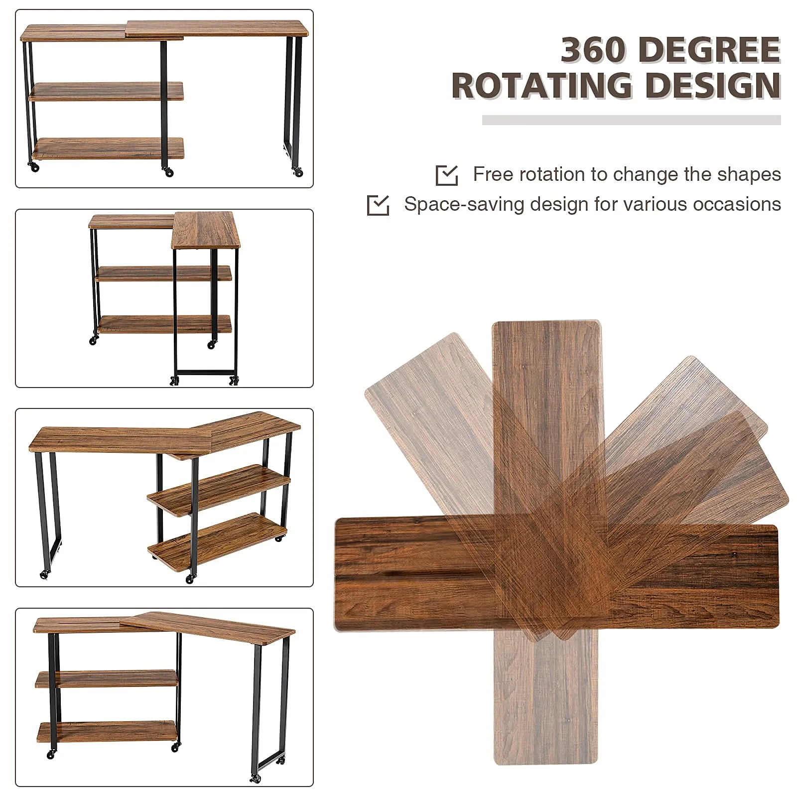 360-Degree Free Rotating Sofa Side Table, Mobile Couch Desk with 2-Tier Storage Shelves