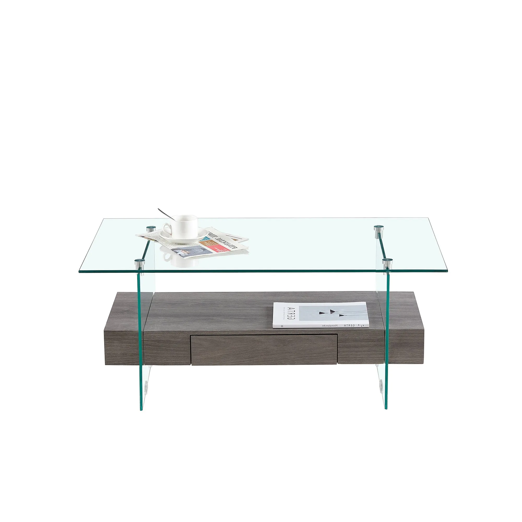 37.8" Tempered Glass Coffee table with Dual Shelves and MDF Drawer, Tea Table for living roon, bedroom, transparent/gray