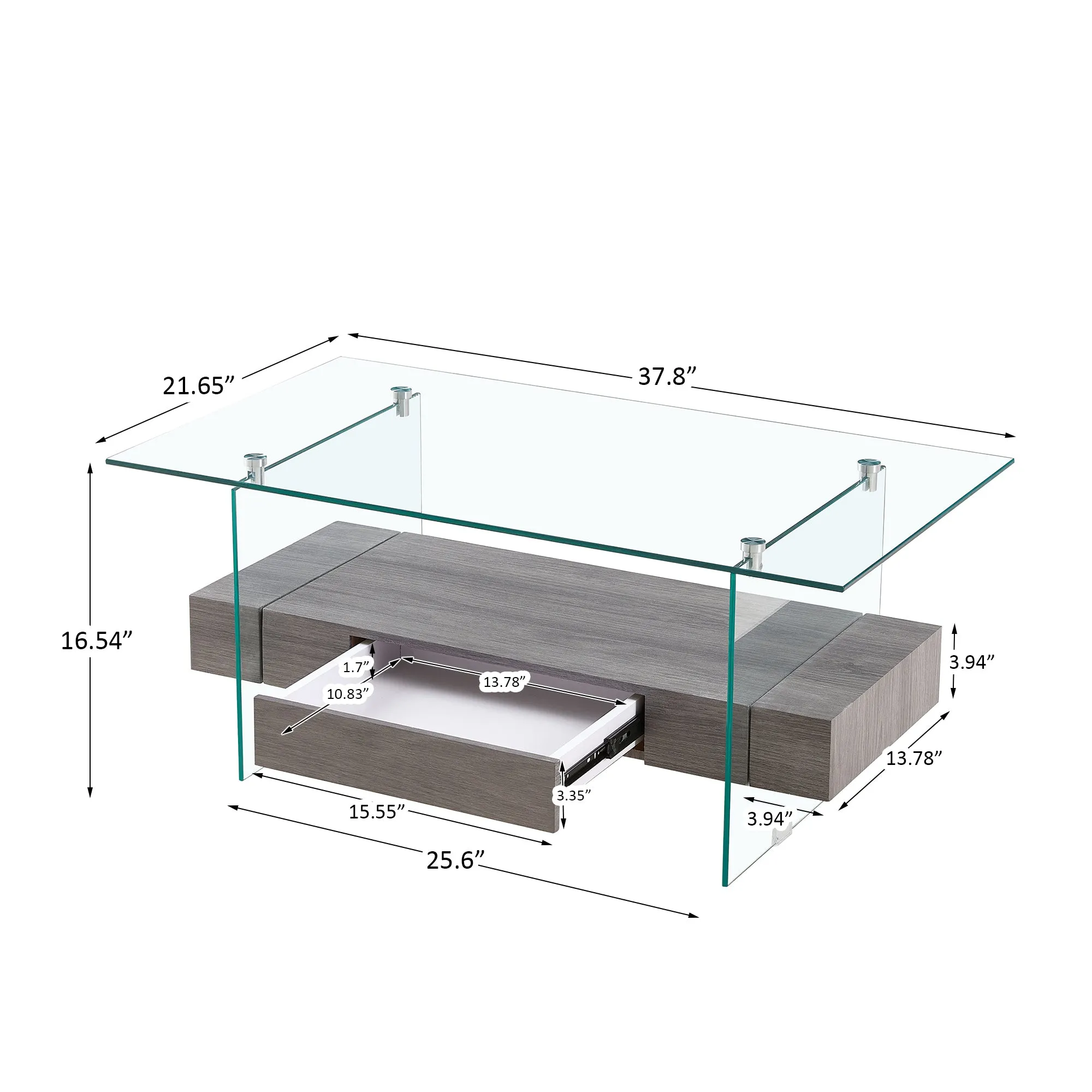 37.8" Tempered Glass Coffee table with Dual Shelves and MDF Drawer, Tea Table for living roon, bedroom, transparent/gray