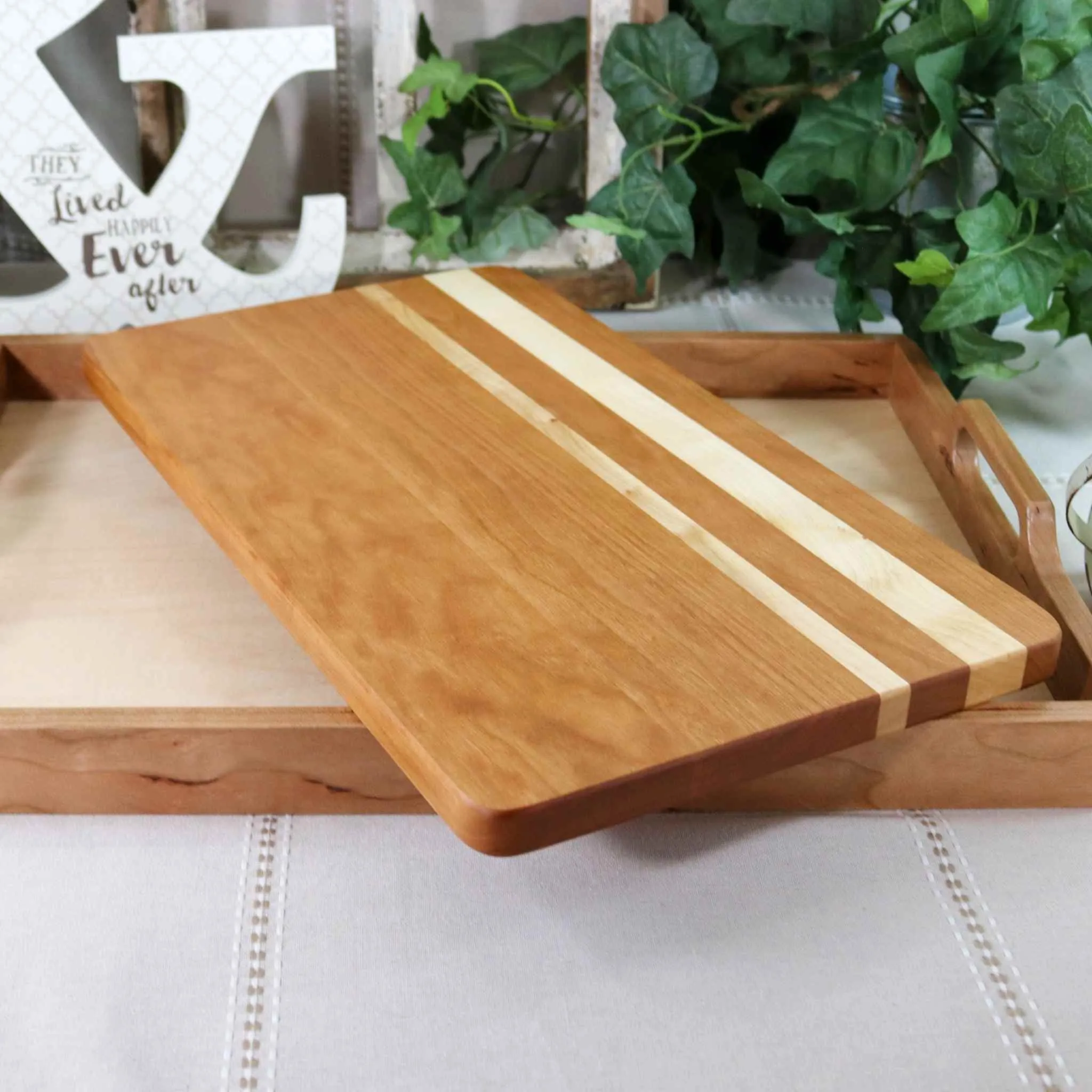 4-PC Cherry Wood Tray, Cutting Board, Wine Carrier & Coaster Set