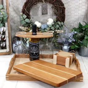 4-PC Cherry Wood Tray, Cutting Board, Wine Carrier & Coaster Set