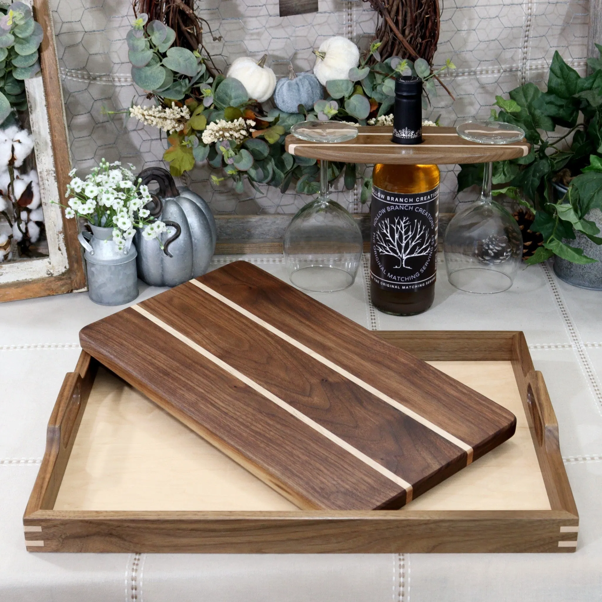 4-PC Walnut Tray, Cutting Board, Wine Carrier, & Coaster Set