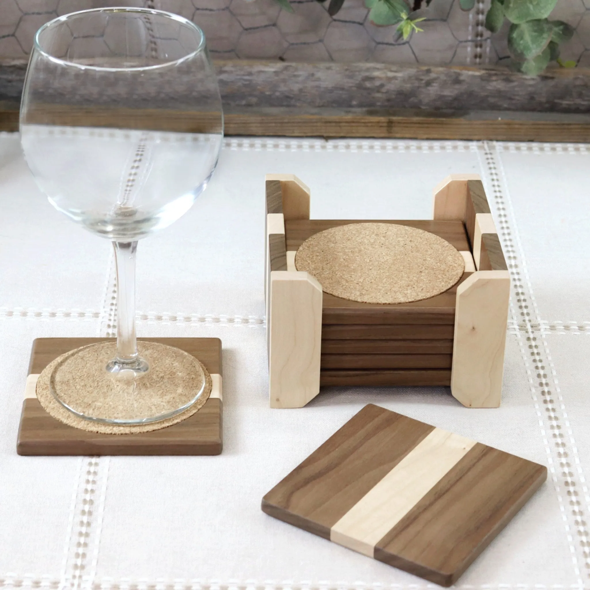 4-PC Walnut Tray, Cutting Board, Wine Carrier, & Coaster Set