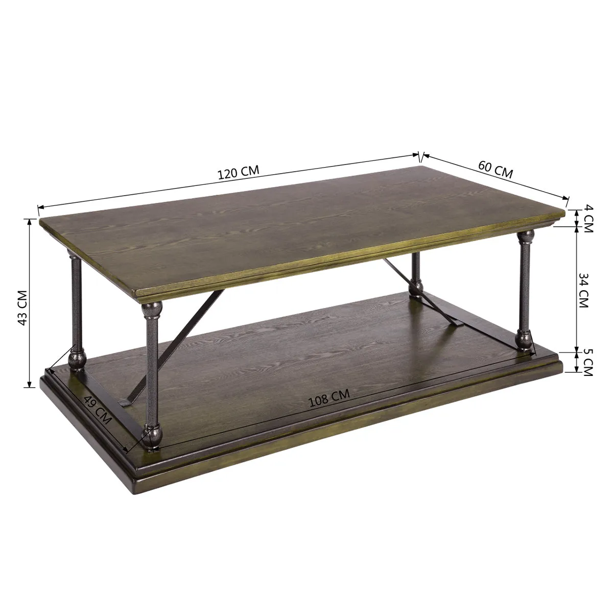 47.2“W X 23.6"D X 16.9"H Country Style Coffee Table with Bottom Shelf - BROWN & BLACK