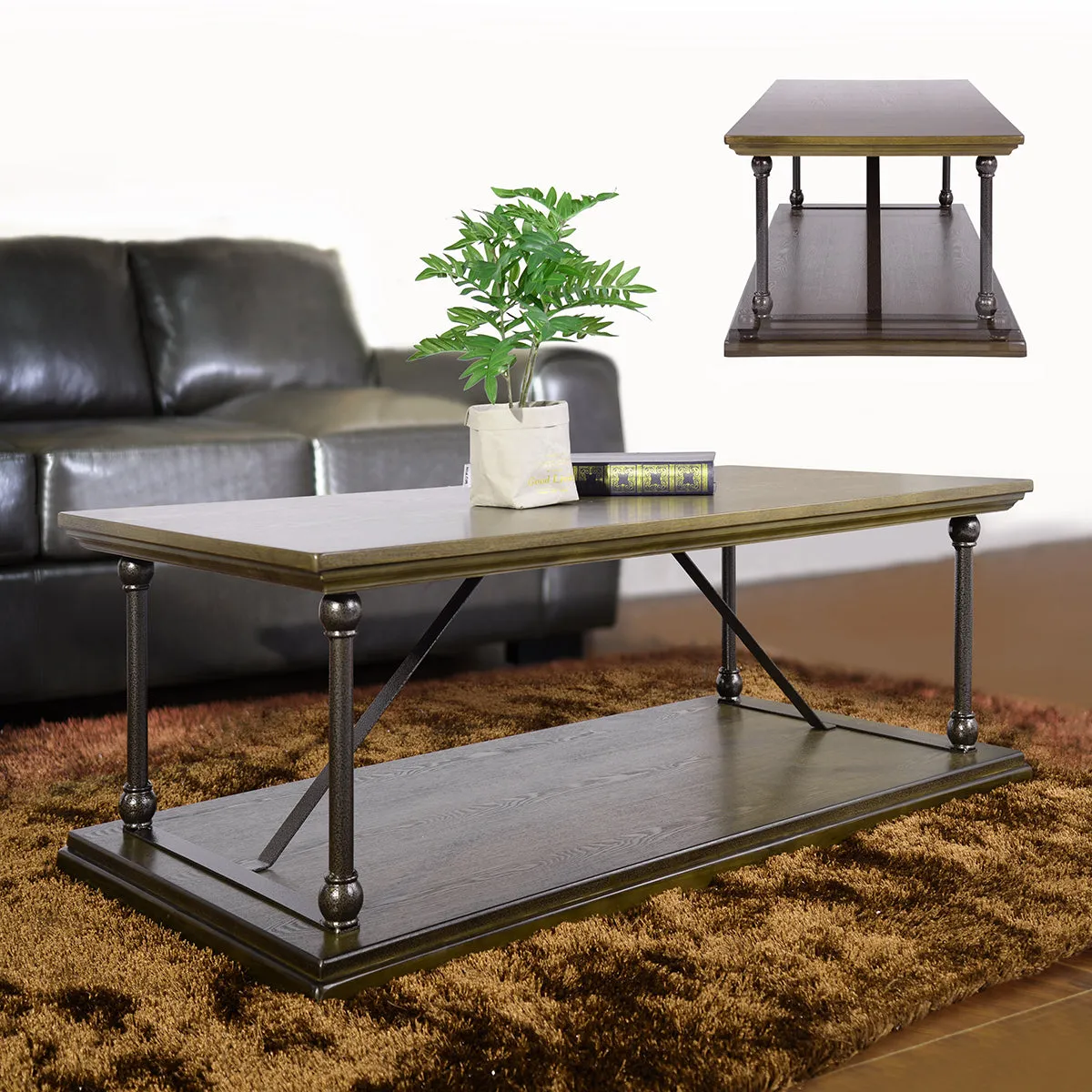 47.2“W X 23.6"D X 16.9"H Country Style Coffee Table with Bottom Shelf - BROWN & BLACK