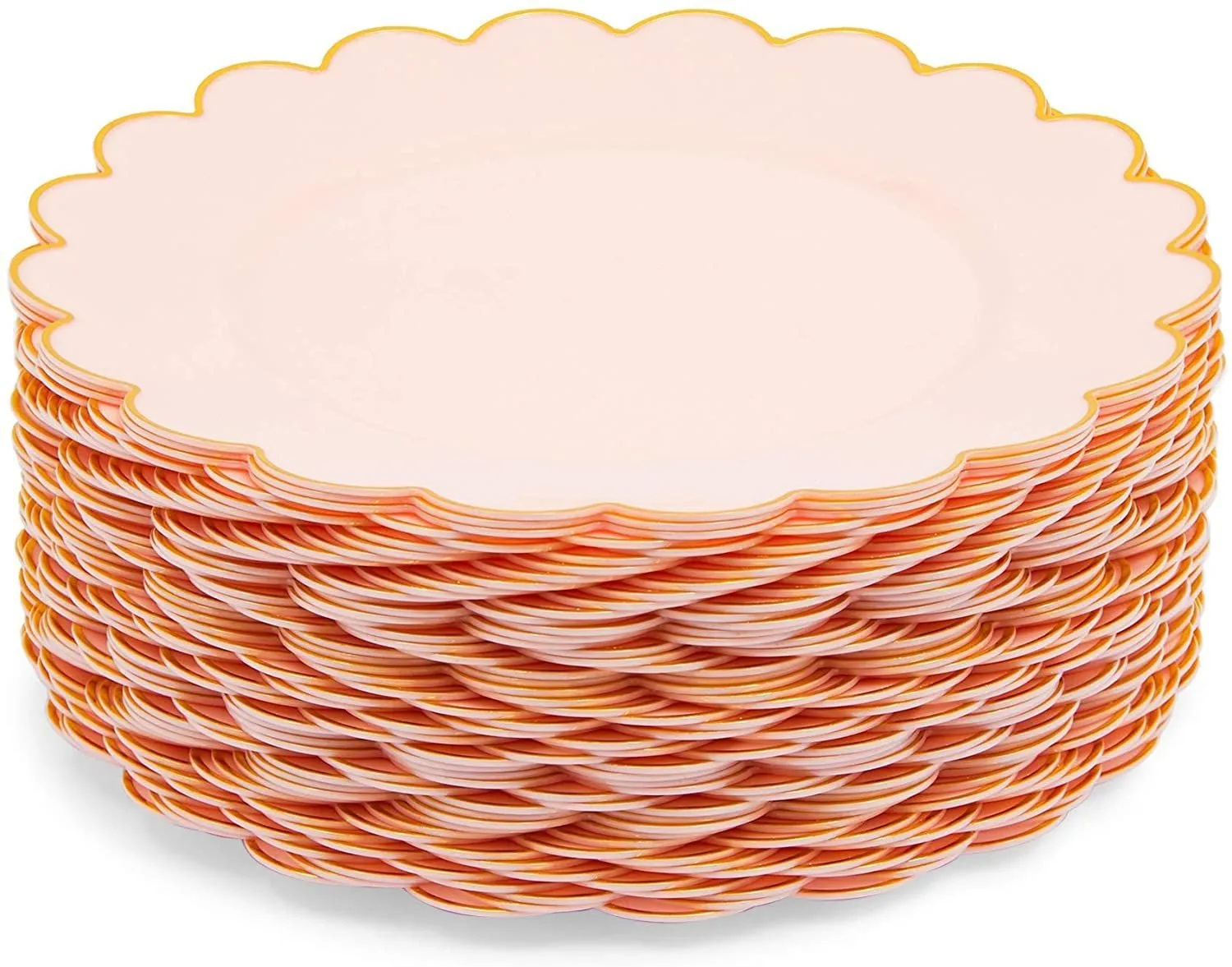 50 Pack Pink and Gold Plastic Plates, 9 Inch Scalloped Plates with Gold Rim for Birthday Party, Baby Shower