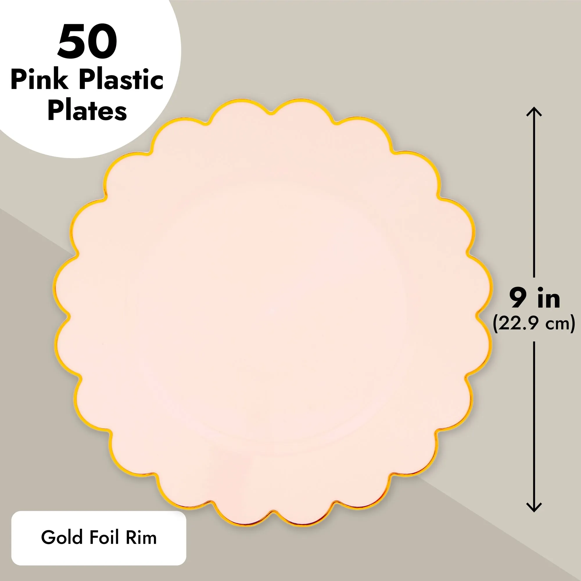 50 Pack Pink and Gold Plastic Plates, 9 Inch Scalloped Plates with Gold Rim for Birthday Party, Baby Shower