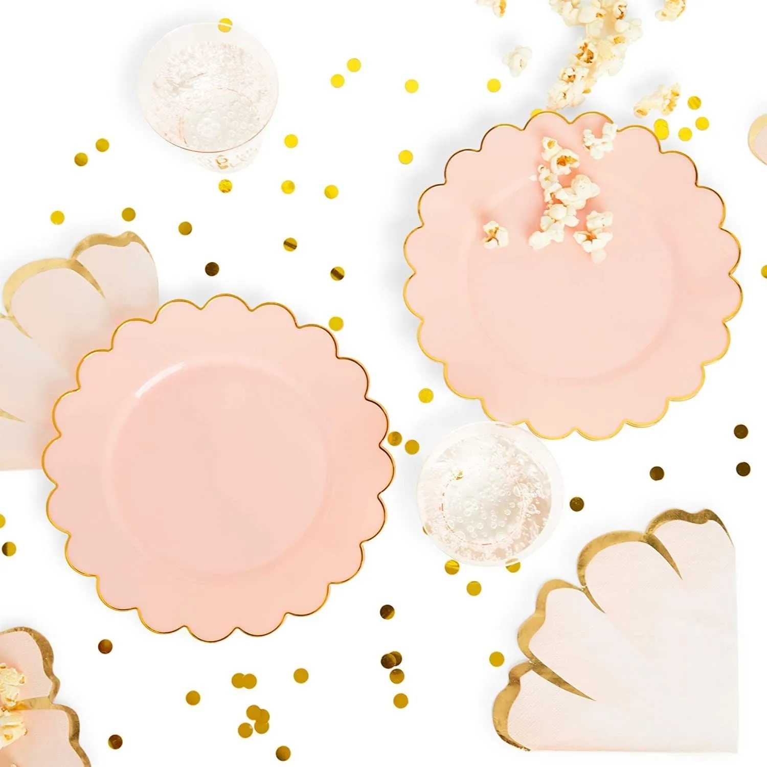 50 Pack Pink and Gold Plastic Plates, 9 Inch Scalloped Plates with Gold Rim for Birthday Party, Baby Shower