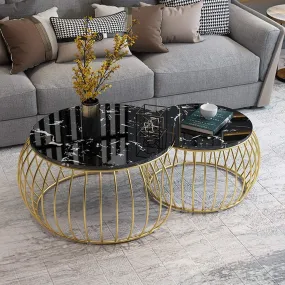 AAFIYA HANDICRAFTS Set of 2 Elegant Round Coffee Table Home Nesting Tables Tea Table Water-proof Table Top Marble Finish (Gold-Black)