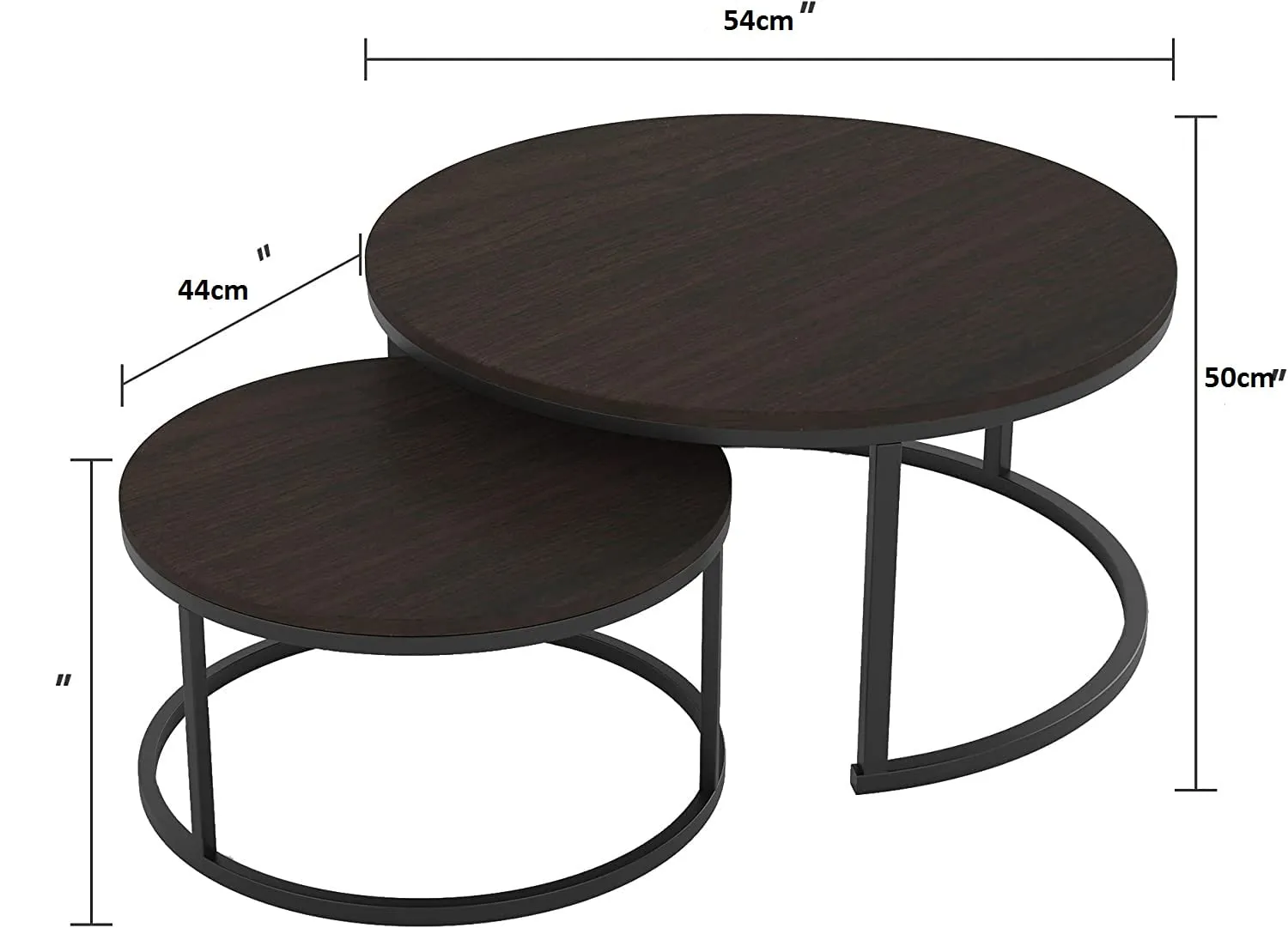 AALIYA MART Round Modern Nesting Coffee Table Set of 2, Stacking Living Room Accent Tables with an Industrial Wood Finish and Powder Coated Metal Frame, (Black Walnut)