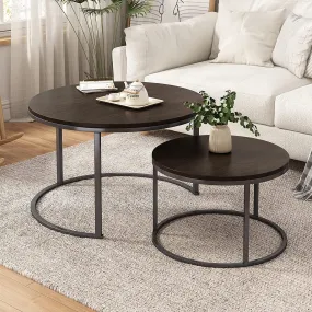 AALIYA MART Round Modern Nesting Coffee Table Set of 2, Stacking Living Room Accent Tables with an Industrial Wood Finish and Powder Coated Metal Frame, (Black Walnut)