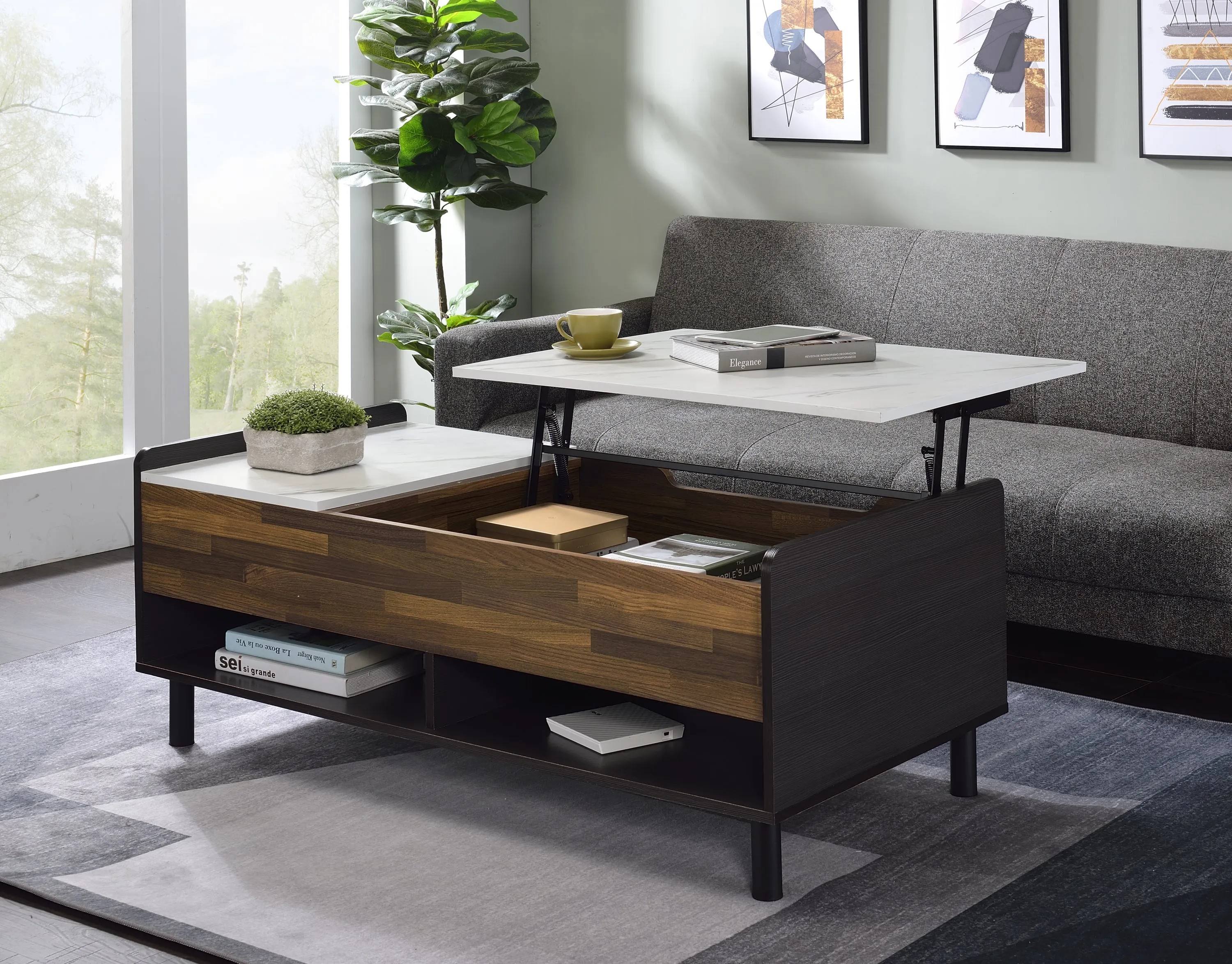 ACME Axel Coffee Table w/Lift Top, Marble, Walnut & Black Finish LV00828