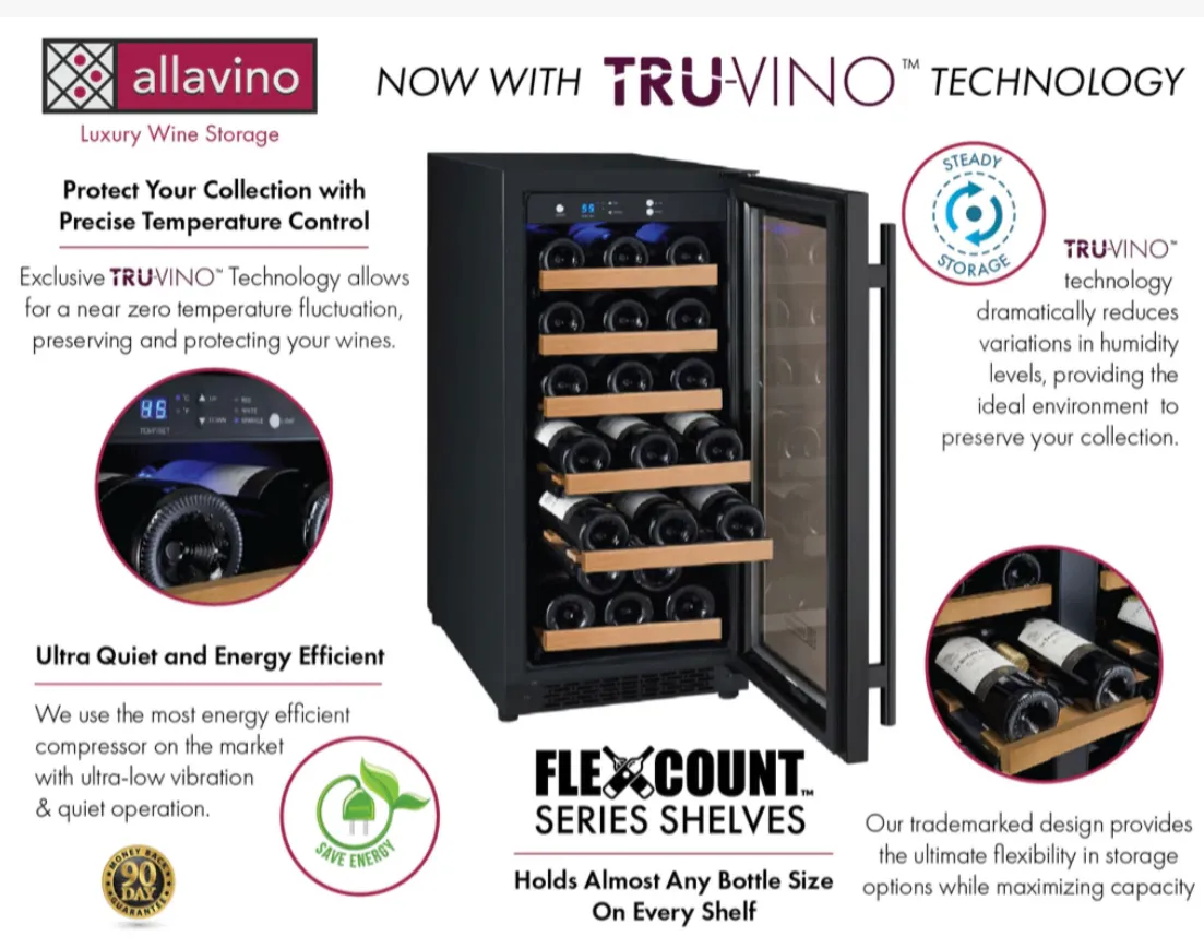 Allavino 15" Wide 30 Bottle Single Zone Black Wine Refrigerator