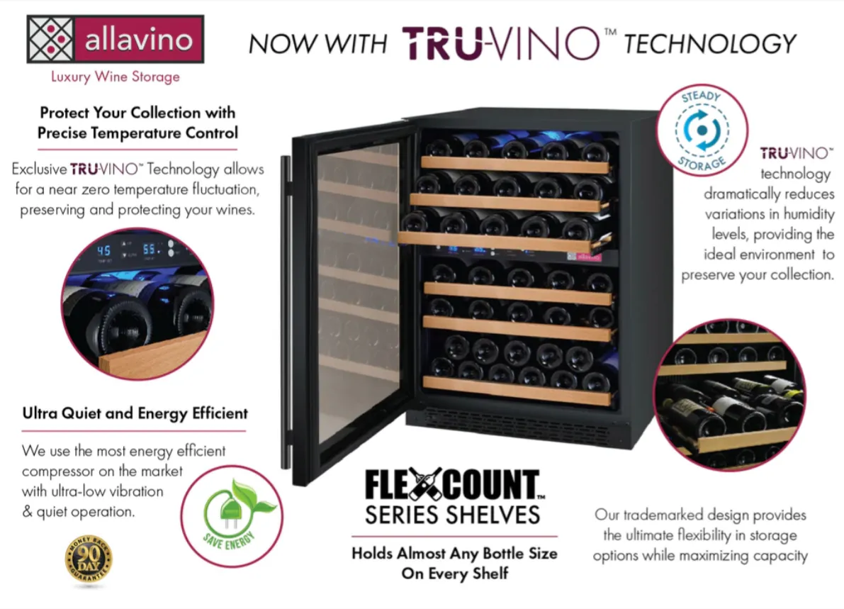 Allavino 24" Left Hinge 56 Bottle Dual Zone Black Wine Refrigerator