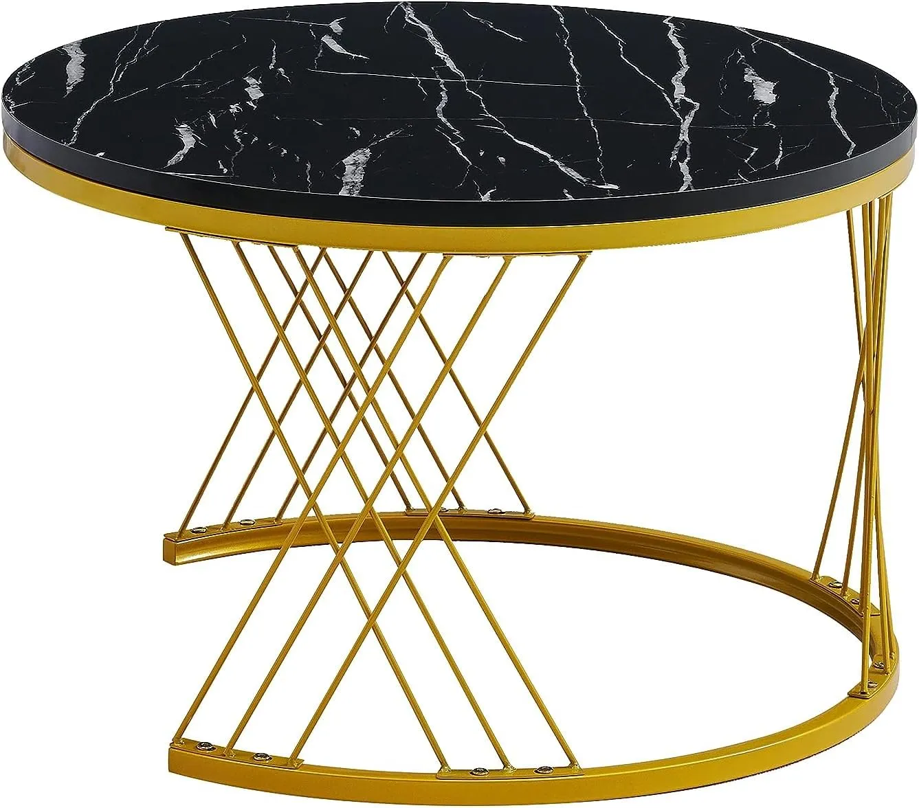 Anamino Modern Marble Finish Round Set of Coffee Tables 2 Piece Stackable Center Tables or Tea Table with Sturdy Metal Frame for Living Room Bedroom or Apartments (Gold Black White)