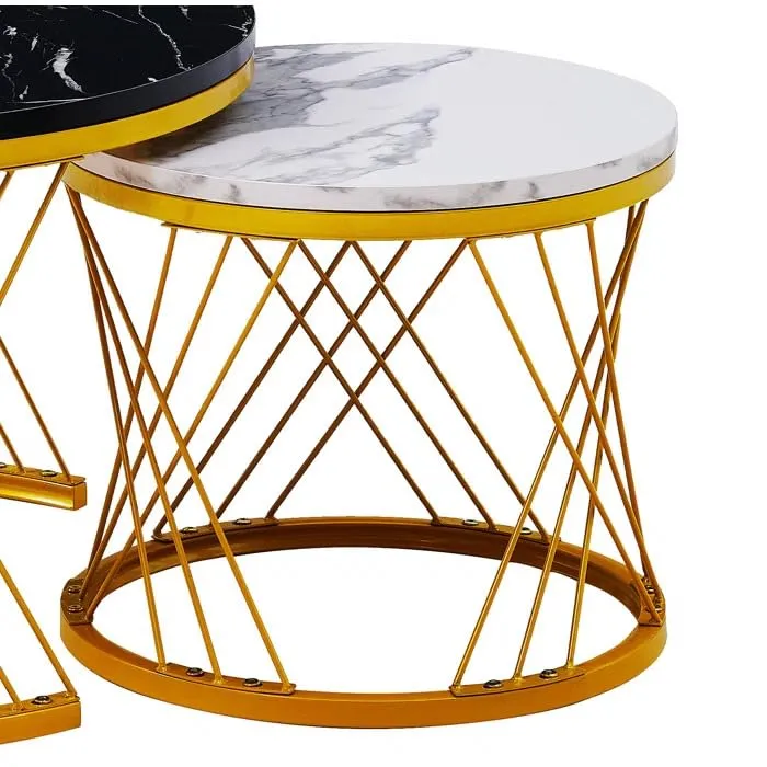 Anamino Modern Marble Finish Round Set of Coffee Tables 2 Piece Stackable Center Tables or Tea Table with Sturdy Metal Frame for Living Room Bedroom or Apartments (Gold Black White)