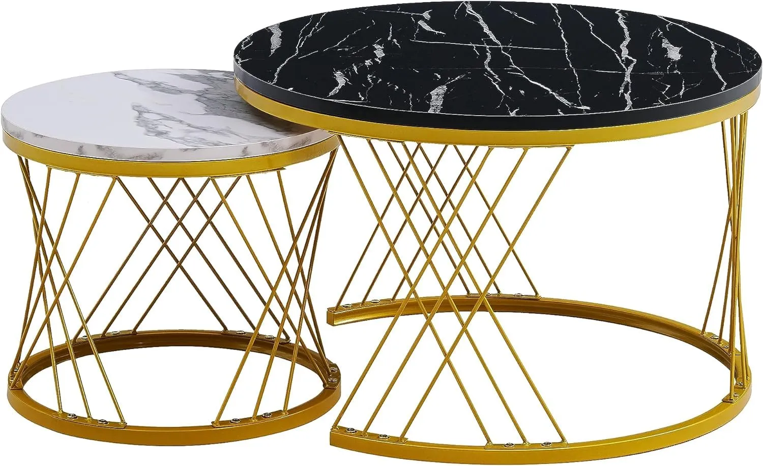 Anamino Modern Marble Finish Round Set of Coffee Tables 2 Piece Stackable Center Tables or Tea Table with Sturdy Metal Frame for Living Room Bedroom or Apartments (Gold Black White)