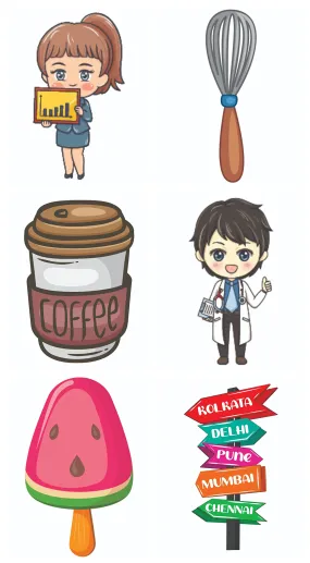 Bhai Please Business Woman, Whisker, Coffee Can Brown, Doctor Male, Watermelon Icecream and Travel Board Wooden Fridge Magnet (Pack of 6 pcs, one pc Each Design)