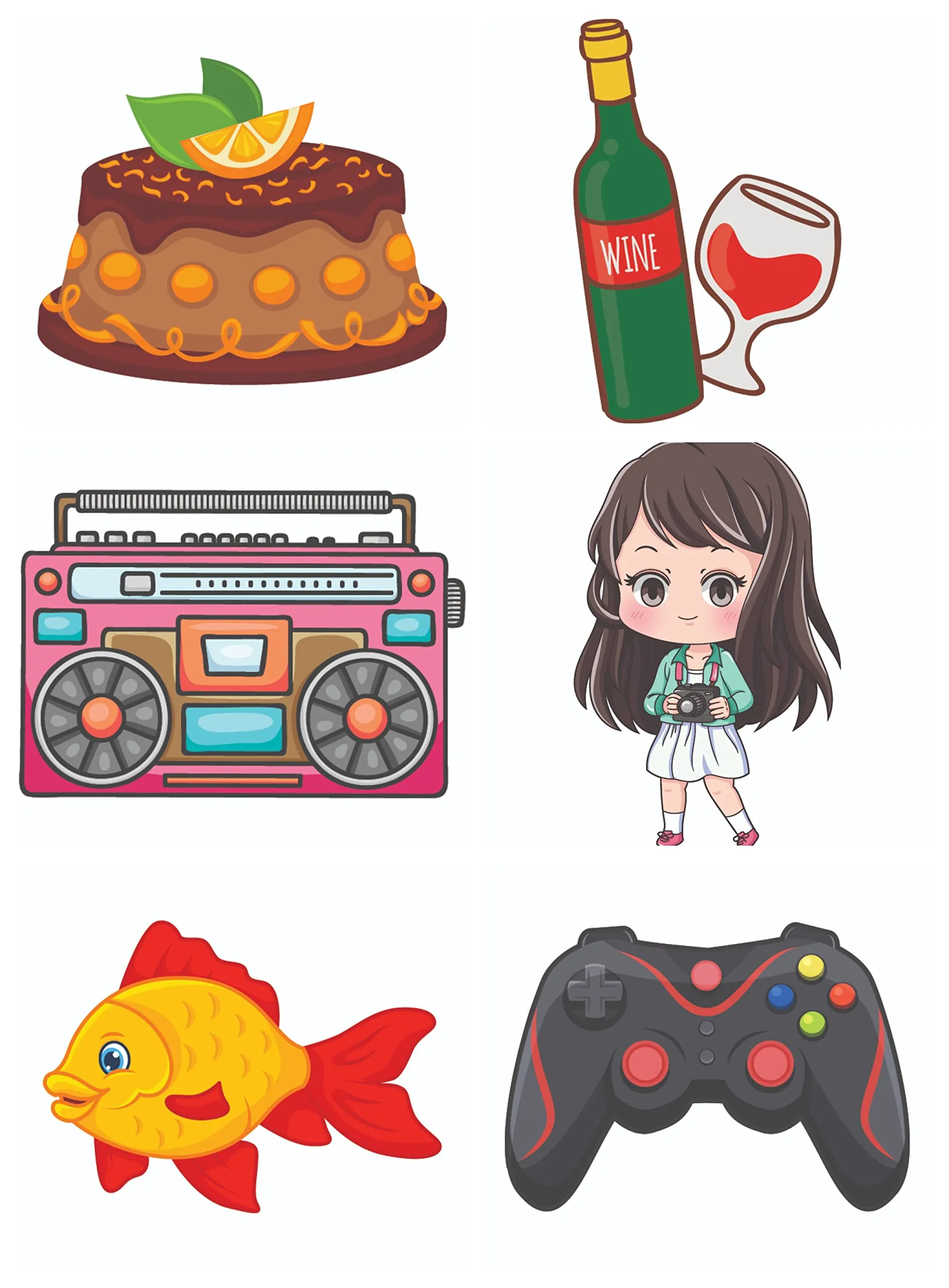 Bhai Please Chocolate Cake, Wine Bottle, Cassette Player, Girl with Camera, Fish and Gaming Console Wooden Fridge Magnet (Pack of 6 pcs, one pc Each Design)