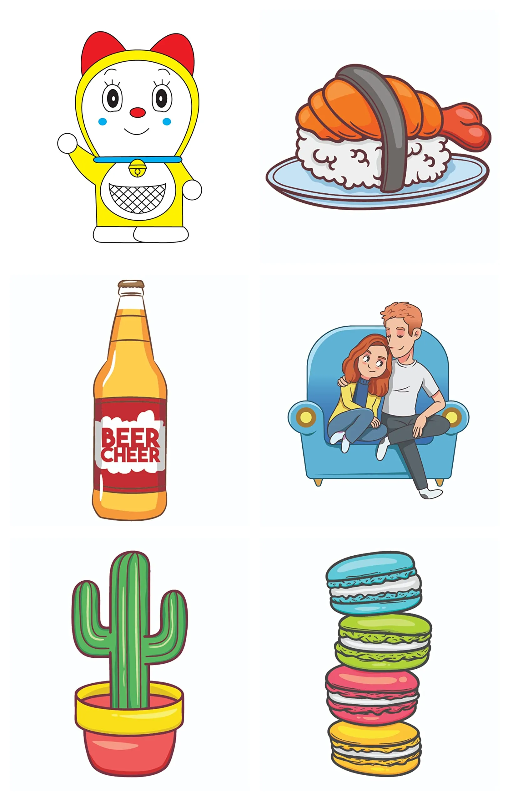 Bhai Please Dorami, Chicken Rice, Beer Bottle, Let's Chill Couple, Cactus and Macaron Wooden Fridge Magnet (Pack of 6 pcs, one pc Each Design)