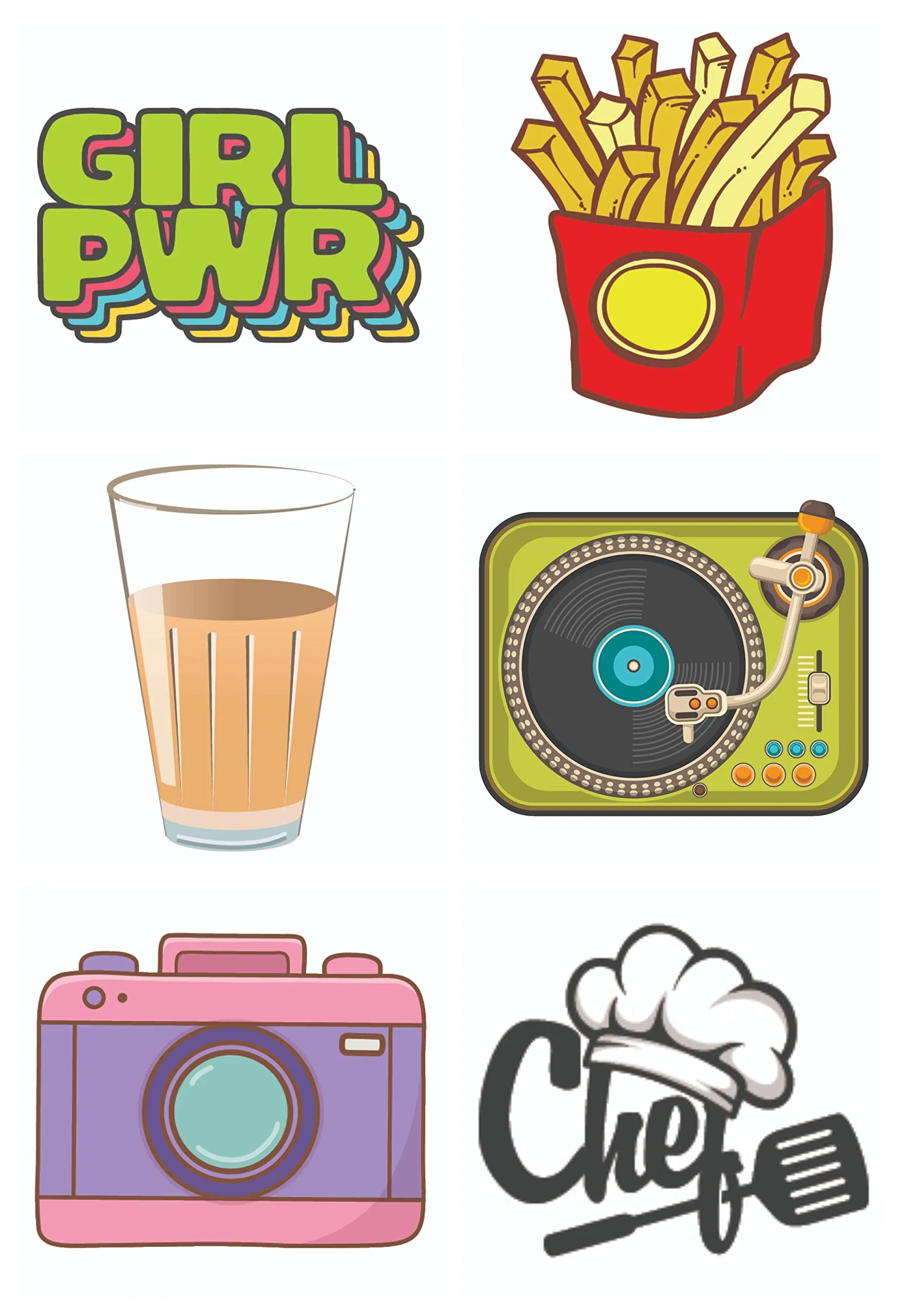 Bhai Please Girl Power, Fries, Cutting Chai, Turntable, Camera Pink and Chef Wooden Fridge Magnet (Pack of 6 pcs, one pc Each Design)