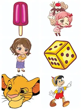 Bhai Please Icecream Pink, Baker with Cake, Mom and Baby, Dice, Simba and Pinokkio Wooden Fridge Magnet (Pack of 6 pcs, one pc Each Design)