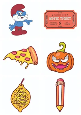 Bhai Please Smurf, Movie Ticket, Pizza Slice, Pumpkin, Lemon and Pencil Wooden Fridge Magnet (Pack of 6 pcs, one pc Each Design)