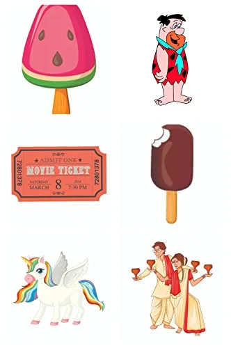 Bhai Please Watermelon Icecream, Fred Flintstone, Movie Ticket, Choco Bar, Unicorn and Bengali Couple Wooden Fridge Magnet (Pack of 6 pcs, one pc Each Design)