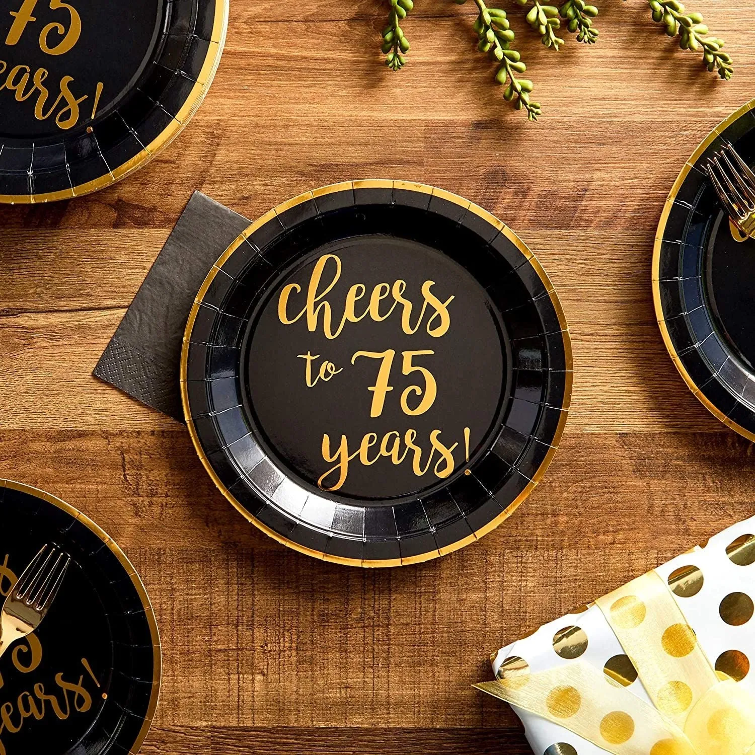 Black Paper Plates for 75th Party, Cheers to 75 Years (9 In, 48 Pack)