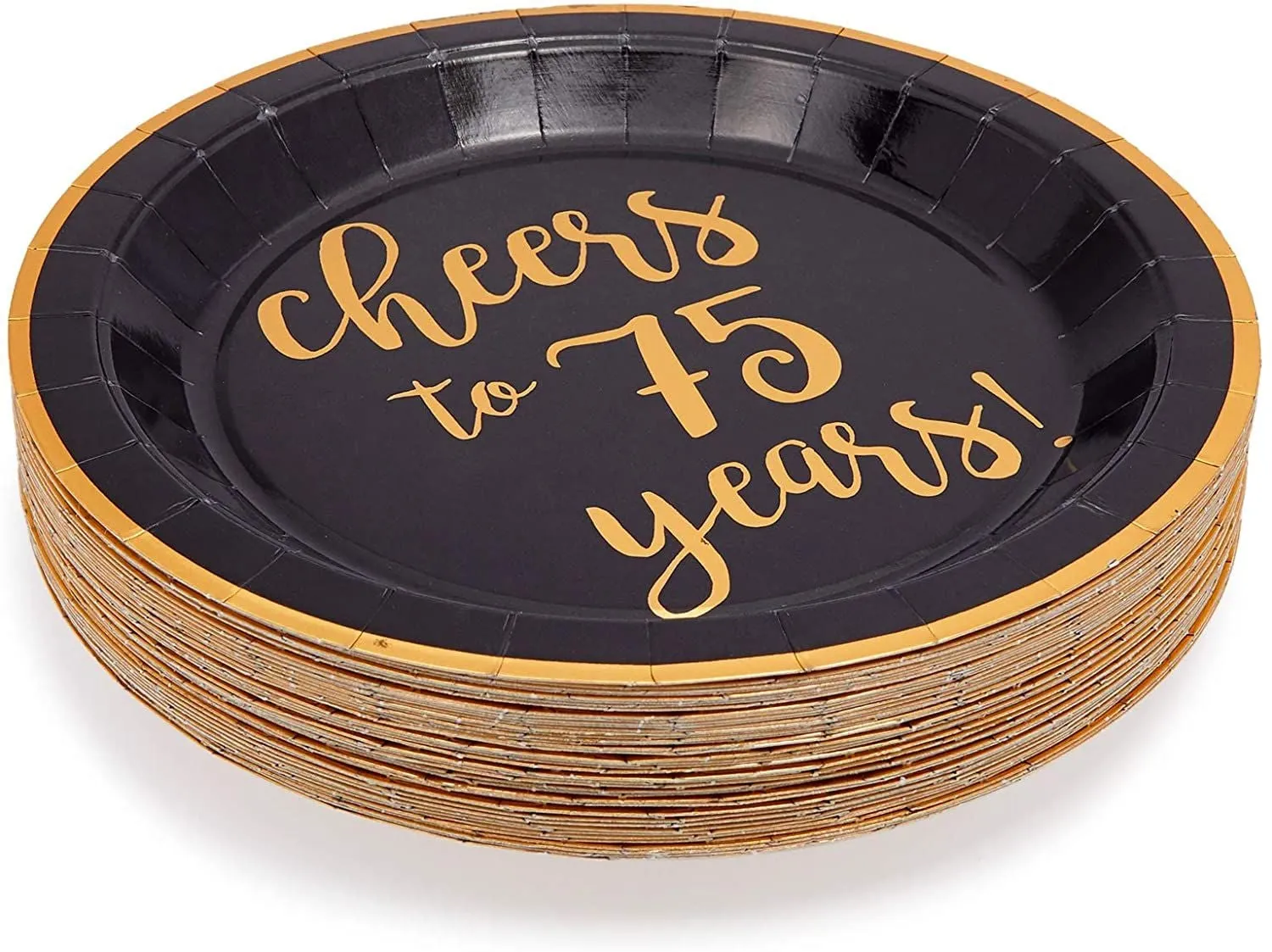 Black Paper Plates for 75th Party, Cheers to 75 Years (9 In, 48 Pack)