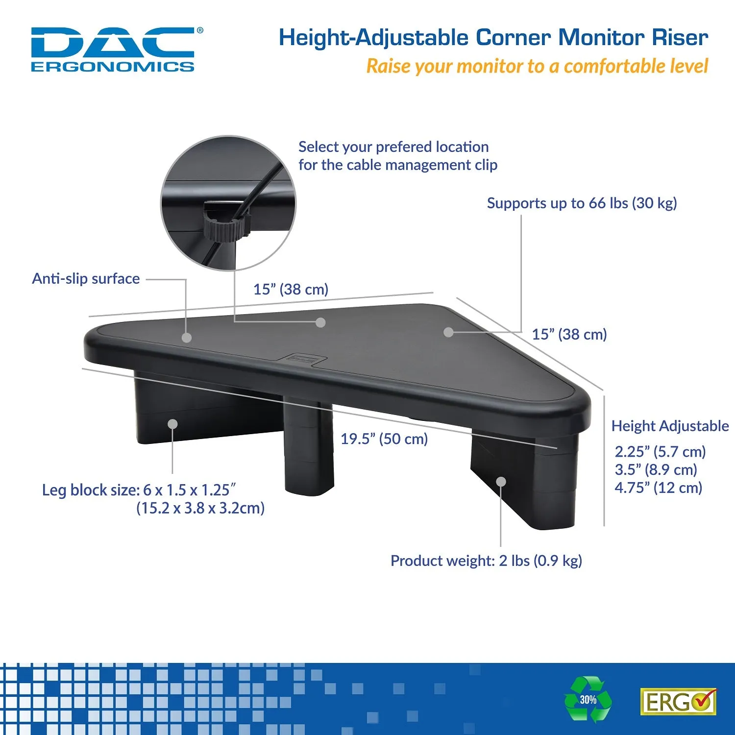 DAC® Stax™  MP-197 Height Adjustable Corner Monitor Riser, Black