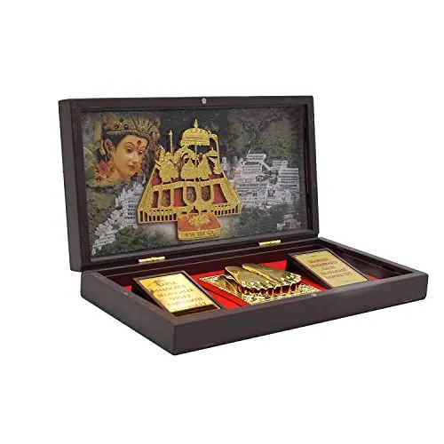 Dalvkot Gold Plated MATA Vaishno Devi Photo Frame with Shubh Labh Charan Paduka for Pooja Room, Return Pooja Gift Box Set