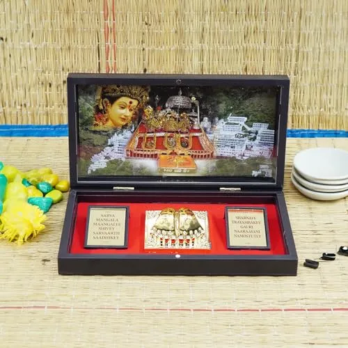 Dalvkot Gold Plated MATA Vaishno Devi Photo Frame with Shubh Labh Charan Paduka for Pooja Room, Return Pooja Gift Box Set