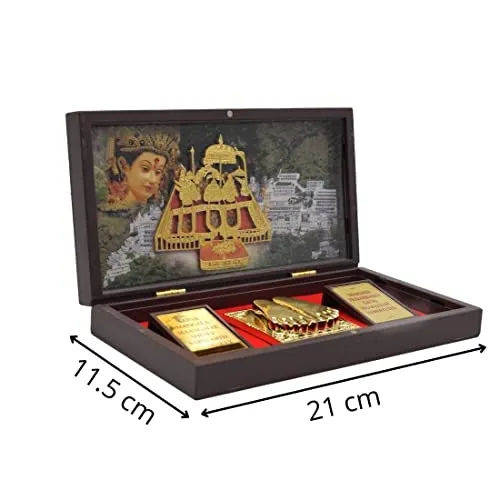 Dalvkot Gold Plated MATA Vaishno Devi Photo Frame with Shubh Labh Charan Paduka for Pooja Room, Return Pooja Gift Box Set