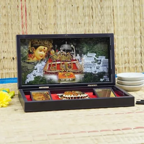 Dalvkot Gold Plated MATA Vaishno Devi Photo Frame with Shubh Labh Charan Paduka for Pooja Room, Return Pooja Gift Box Set