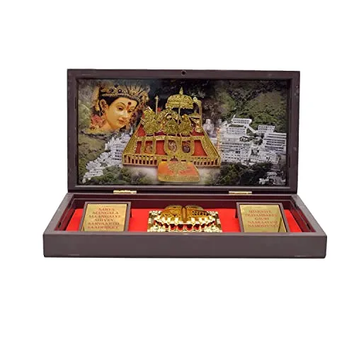 Dalvkot Gold Plated MATA Vaishno Devi Photo Frame with Shubh Labh Charan Paduka for Pooja Room, Return Pooja Gift Box Set