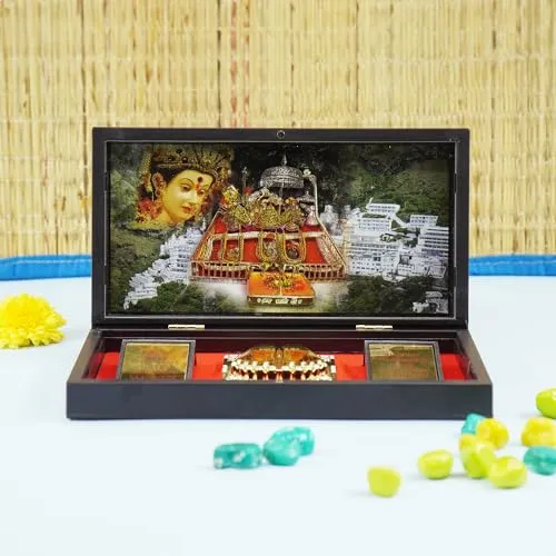 Dalvkot Gold Plated MATA Vaishno Devi Photo Frame with Shubh Labh Charan Paduka for Pooja Room, Return Pooja Gift Box Set