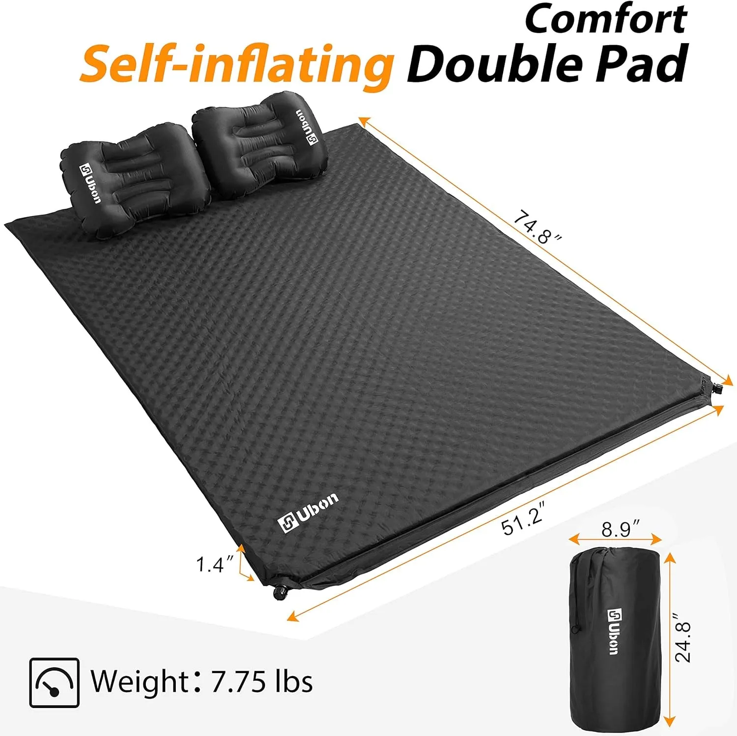 Double Self-Inflating Sleeping Mat Inflatable Mattress with Pillows Comfortable Asleep Pad for 2 People 1.5" Sponge Filling Ergonomic Pillow Portable Lightweight Camping Bed - Black