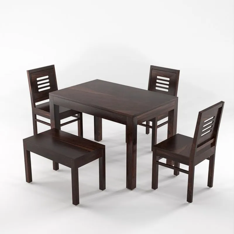 Dream Look Furniture Solid Sheesham Wood Dining Room Sets 4 Seater Dining Table with 3 Chairs & 1 Bench for Dining Room, Living Room, Kitchen, Hotel, Restaurant, Cafeteria (Standard, Walnut Finish)