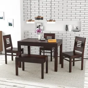 Dream Look Furniture Solid Sheesham Wood Dining Room Sets 4 Seater Dining Table with 3 Chairs & 1 Bench for Dining Room, Living Room, Kitchen, Hotel, Restaurant, Cafeteria (Standard, Walnut Finish)