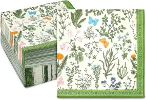 Floral Paper Napkins for Garden Party, Green Botanical Herb (6.5 In, 150 Pack)