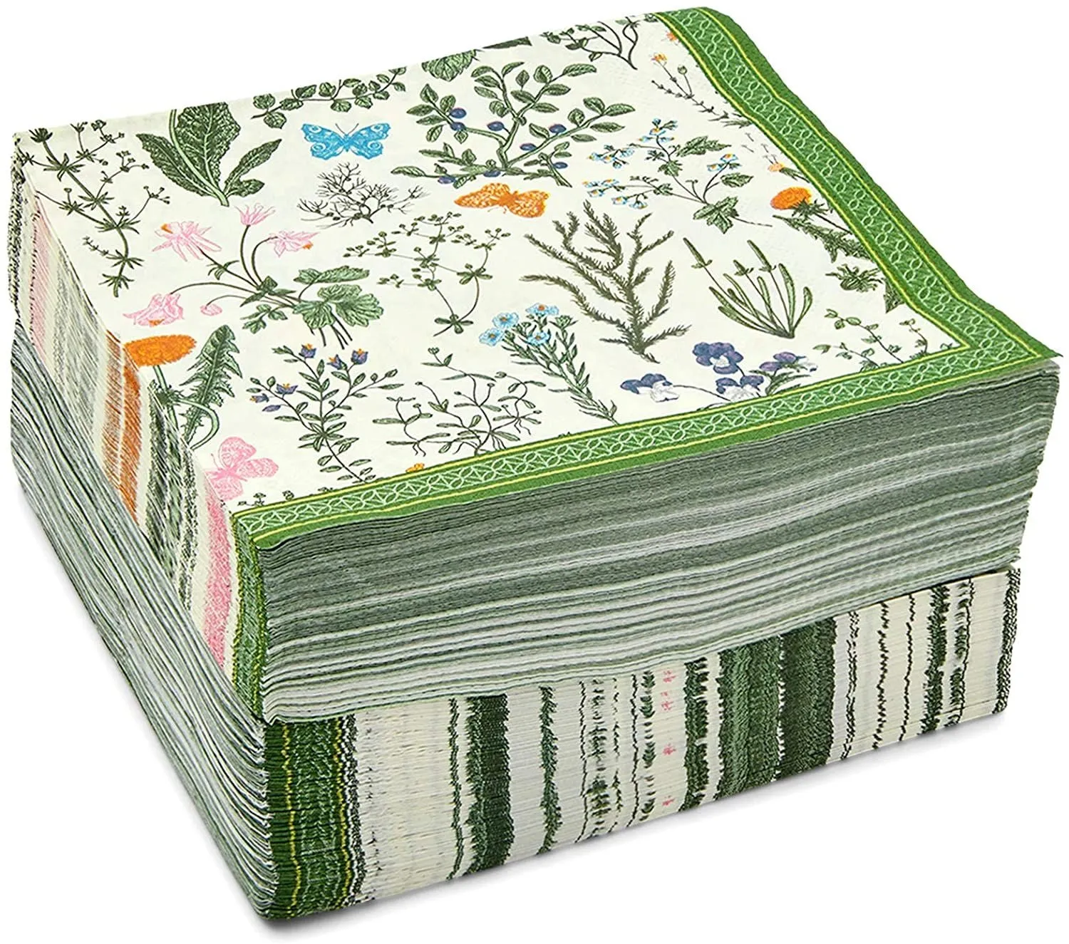 Floral Paper Napkins for Garden Party, Green Botanical Herb (6.5 In, 150 Pack)