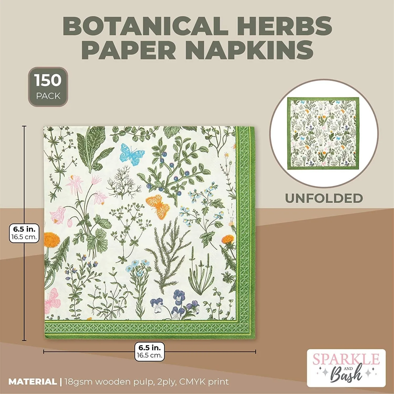 Floral Paper Napkins for Garden Party, Green Botanical Herb (6.5 In, 150 Pack)