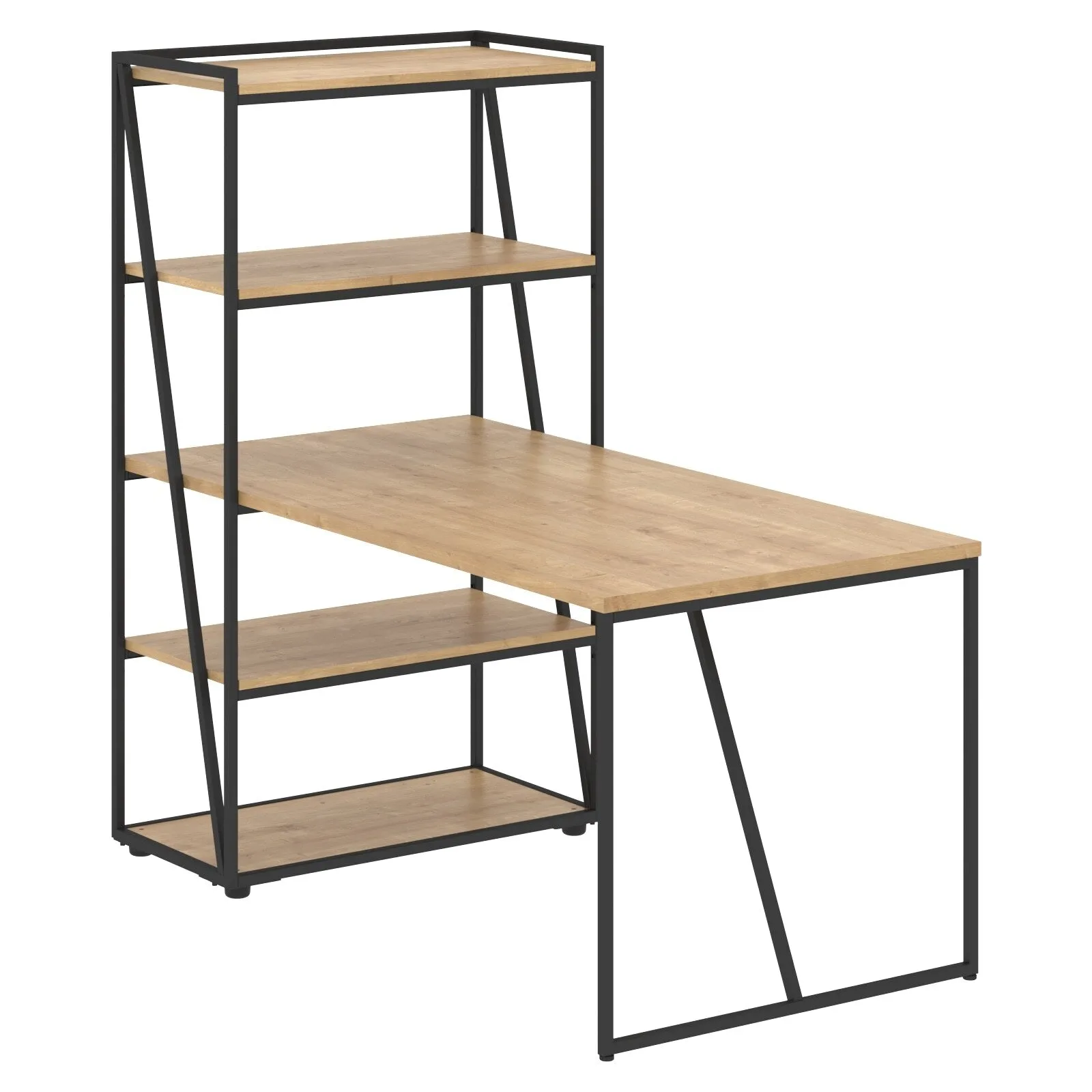 FULL HEIGHT WOODEN OPEN SHELVES WITH METAL FRAMES ATTACHED WITH WOODEN RECTANGULAR SHAPE EXTENSION DESK WITH METAL LEGS, MADE IN E1 LAMINATE CHIPBOARD